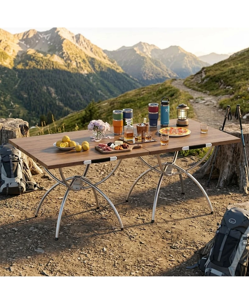 Yiortwo 2 Pack Folding Camping Tables with Wood Grain Top and Carry Bag for Outdoor Use