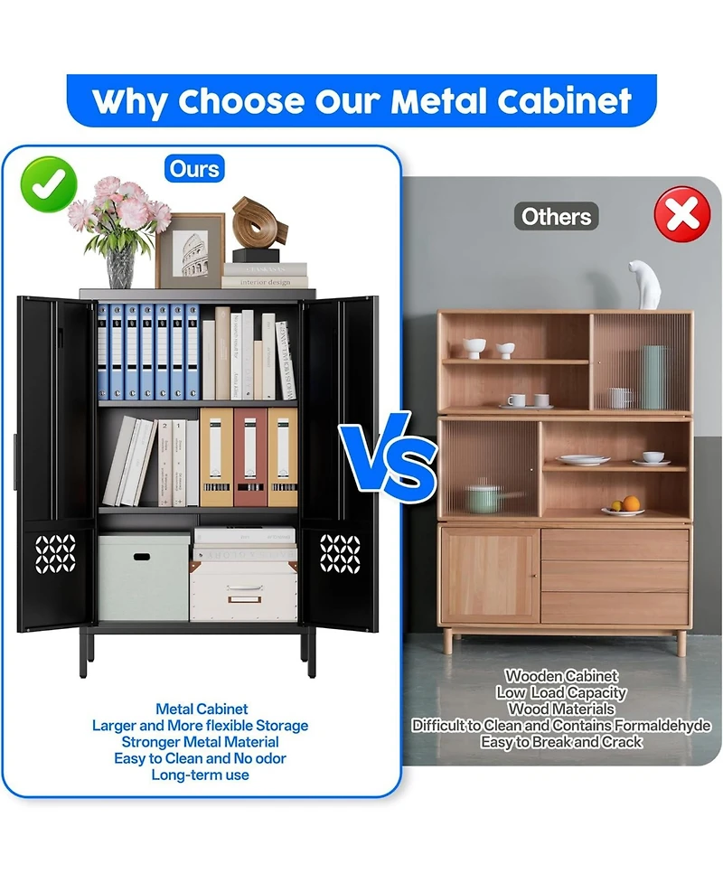 Streamdale Furniture Boyel Living 42 Inch Metal Storage Cabinet with Doors, Sideboard Organizer Adjustable Shelves for Home Office