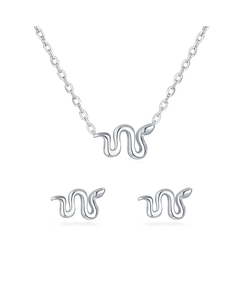 Bling Jewelry Garden Crawler Reptile Snake Pendant Necklace and Stud Earring Jewelry Set .925 Sterling Silver