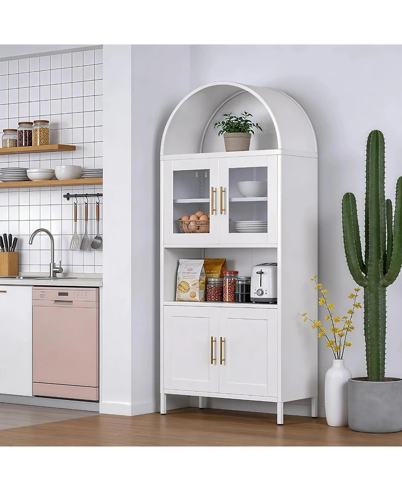 Boyel Living Farmhouse Arched Coffee Bar Cabinet, Metal Pantry Hutch with Glass Doors and Adjustable Shelves