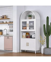 Boyel Living Farmhouse Arched Coffee Bar Cabinet, Metal Pantry Hutch with Glass Doors and Adjustable Shelves