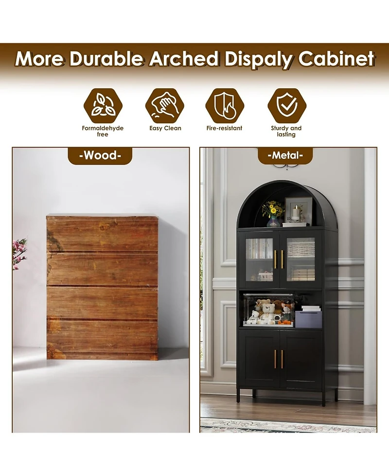 Boyel Living Farmhouse Arched Coffee Bar Cabinet, Metal Pantry Hutch with Glass Doors and Adjustable Shelves