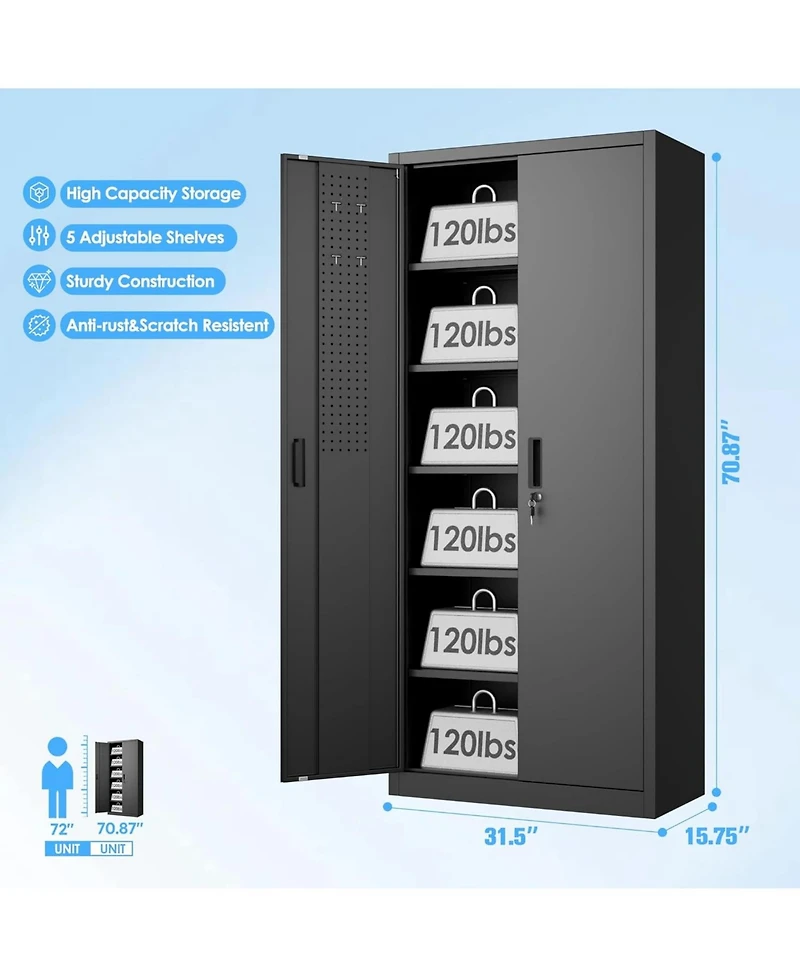 Boyel Living 71 Inch Metal Storage Cabinet with Lock and Pegboard, Tall Garage Organizer with 5 Adjustable Shelves