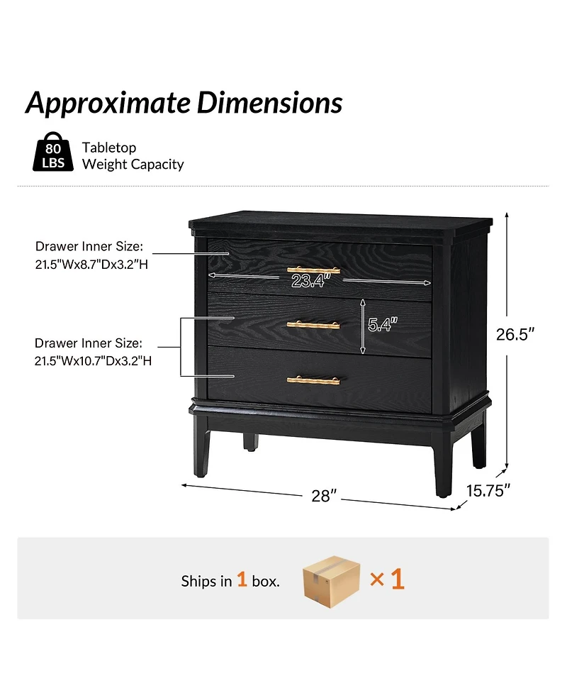 Hulala Home Rosalie Transitional 26"Tall 3-Drawer End Table with Built-in Charging Station
