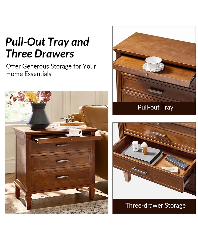 Hulala Home Launcelot Eliseo Transitional 3 Drawers End Table with Built-In Outlets Usb Type C
