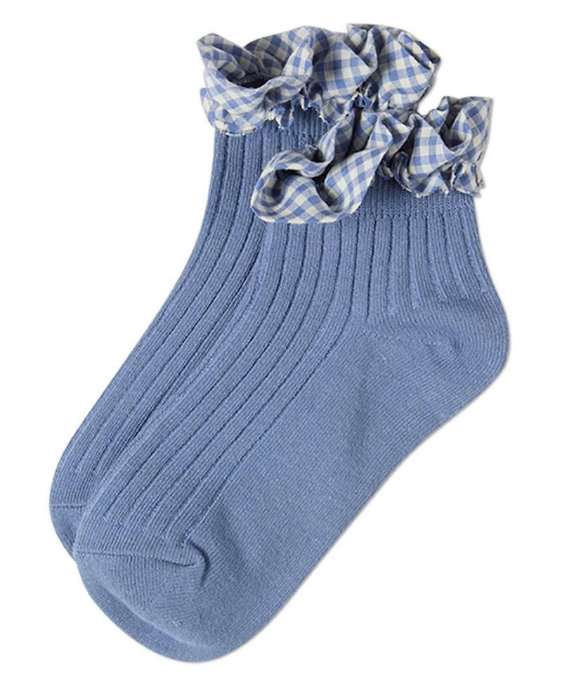 MeMoi Girls Ribbed Cotton-Rich Checkered Ruffle-Trim Ankle Sock