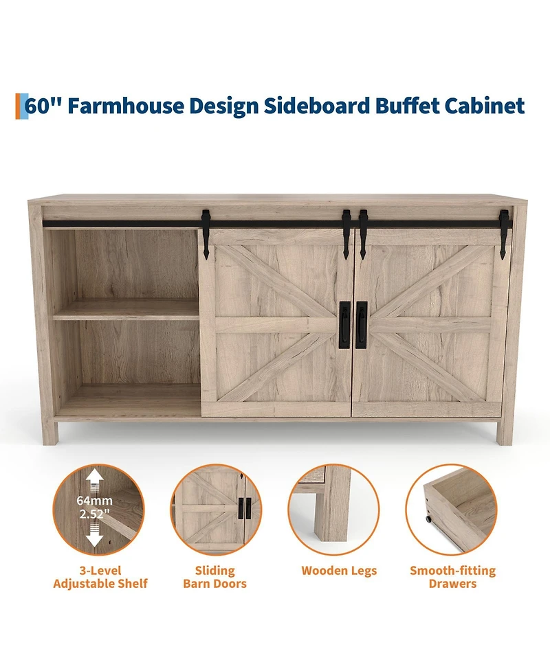 homfan 60 Inch Farmhouse Rustic Wood Sideboard Buffet with Sliding Barn Doors and 4 Drawers, Multi-use Coffee Bar Tv Console