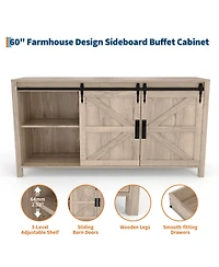 homfan 60 Inch Farmhouse Rustic Wood Sideboard Buffet with Sliding Barn Doors and 4 Drawers, Multi-use Coffee Bar Tv Console