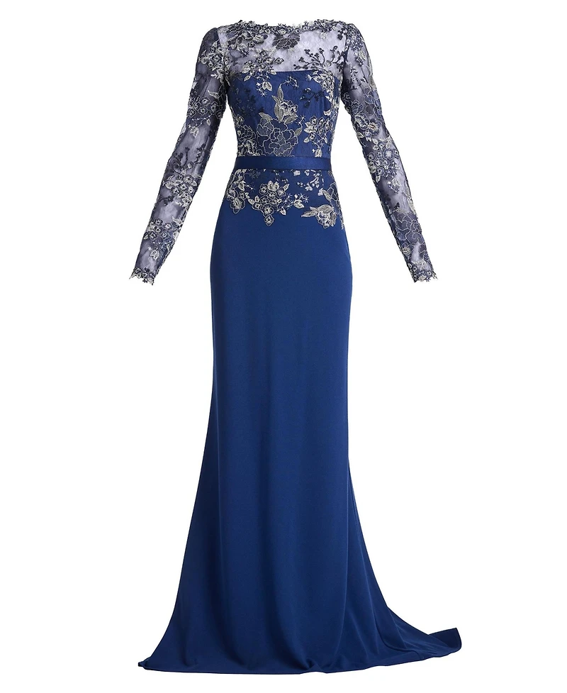 Tadashi Shoji Women's Beacon Belted Embroidered Illusion Gown
