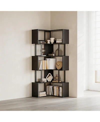 homfan 6-Tier L-Shaped Corner Bookshelf, Industrial Metal Frame Space-Saving Storage Rack with Wall Anchors, Freestanding Display Organizer