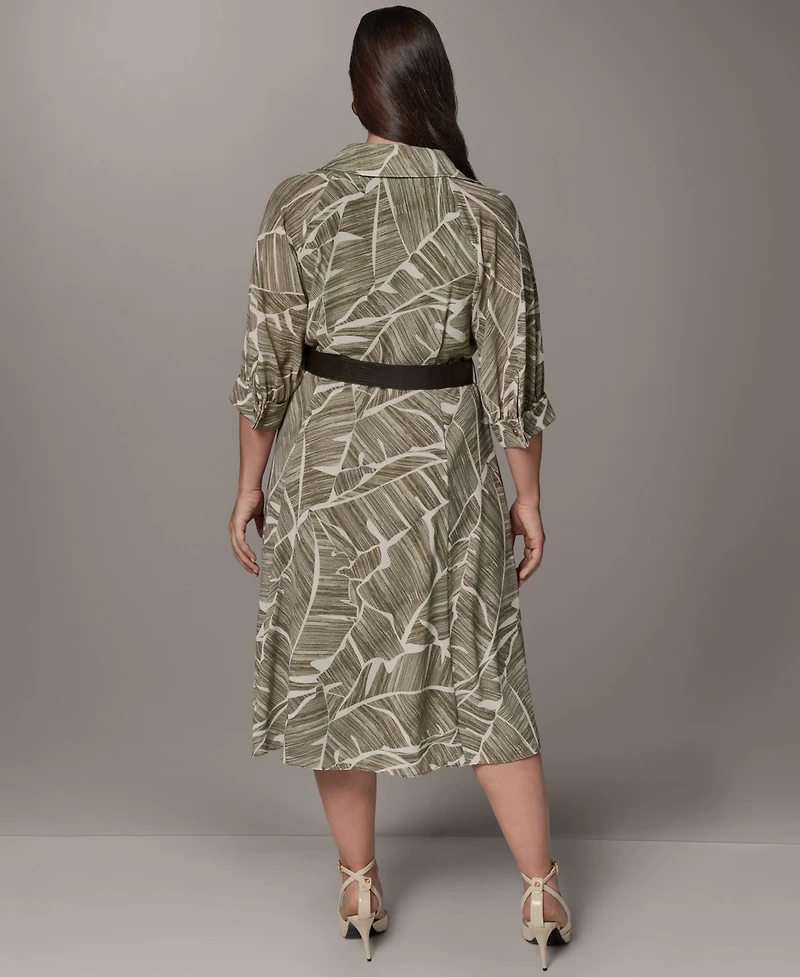 Donna Karan New York Plus Printed 3/4-Length Sleeve Belted Midi Shirtdress