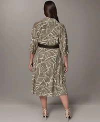 Donna Karan New York Plus Printed 3/4-Length Sleeve Belted Midi Shirtdress