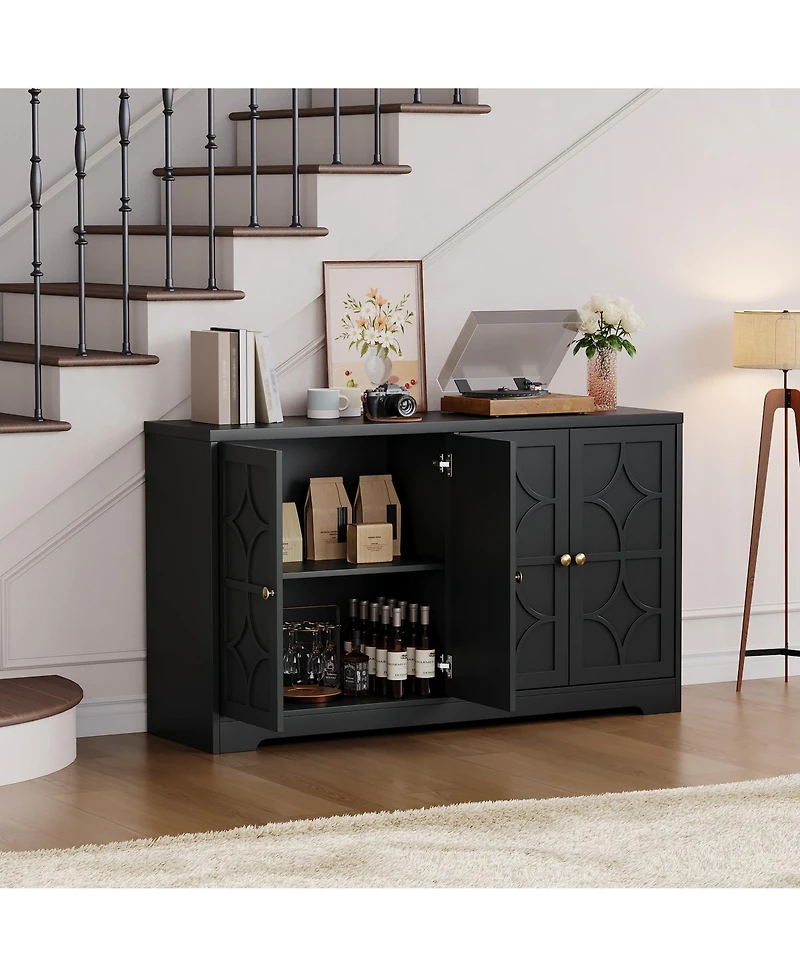 homfan 55 Inch Modern Sideboard Credenza, 4-Door Buffet Cabinet with Adjustable Shelves and Gold Handles for Kitchen, Living Room Entryway