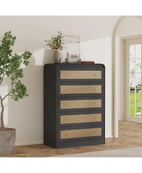 homfan 31-Inch Rattan Chest of Drawers Five with Rounded Corners, Wooden Cabinet, Suitable For Bedroom, Wardrobe, And Tv Stand.