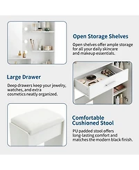 homfan Modern Vanity Desk with Lighted Mirror, 3-Level Adjustable Led, Built-in Drawer Cabinet, Us Power Outlet, Gold Handles, Hair Dryer Holder