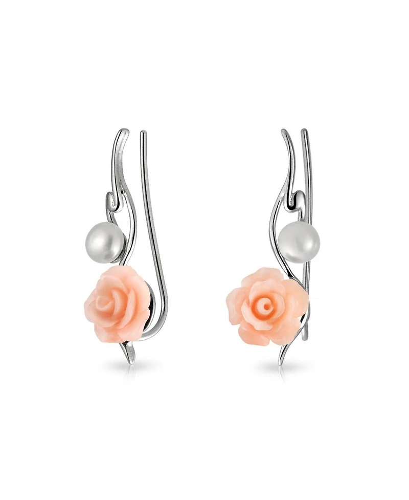 Bling Jewelry Freshwater Cultured Pearl 3D Rose Flower Climbers Crawlers Earrings .925 Sterling Silver