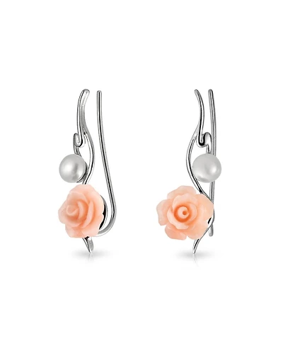 Bling Jewelry Freshwater Cultured Pearl 3D Rose Flower Climbers Crawlers Earrings .925 Sterling Silver