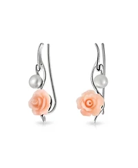 Bling Jewelry Freshwater Cultured Pearl 3D Rose Flower Climbers Crawlers Earrings .925 Sterling Silver