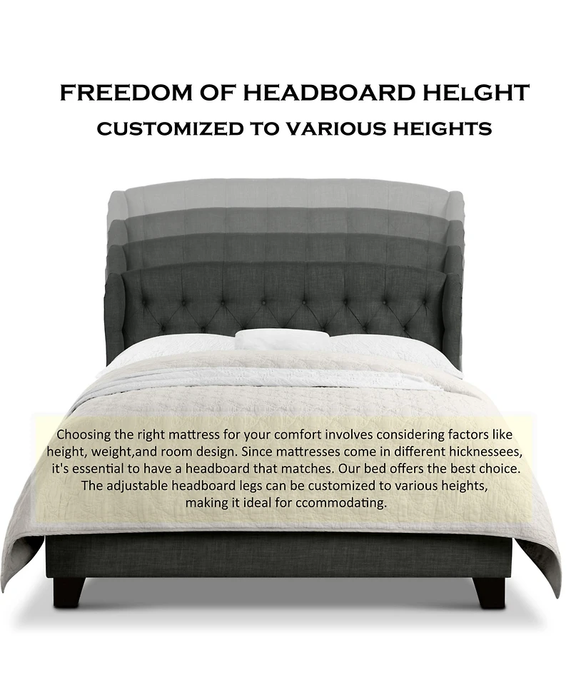 Boyel Living High Back Upholstered Bed Button Tufted Frame with Solid Wood Structure Soft Fabric Headboard