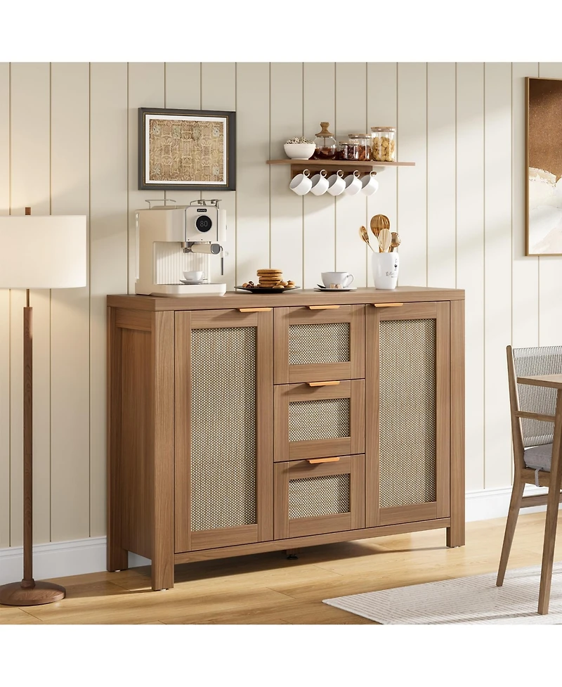 homfan Spacious Rattan Buffet Sideboard Cabinet, 3 Drawers, Boho Accent Storage Credenza, Adjustable Shelves, Large Console for Kitchen, Dining Room
