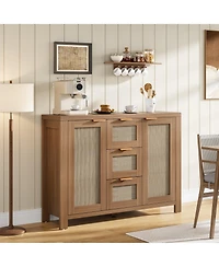 homfan Spacious Rattan Buffet Sideboard Cabinet, 3 Drawers, Boho Accent Storage Credenza, Adjustable Shelves, Large Console for Kitchen, Dining Room