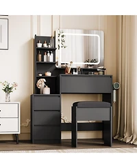 homfan Modern Vanity Desk with Mirror and Adjustable Led Lights, 4 Drawers, Storage Shelves, Charging Station and Stool for Bedroom, Makeup Table