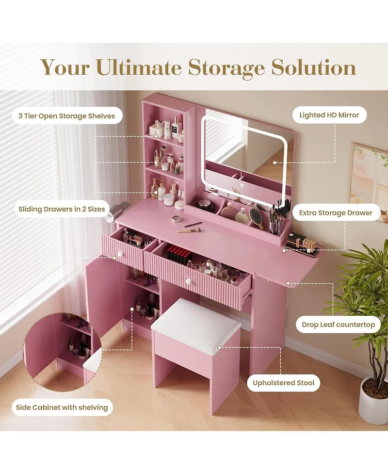 homfan Vanity Desk with Mirror and Led Lights, Power Outlets, Drawers, Cabinet, Storage Stool, Collapsible Panel, Compact Bedroom Dressing Table