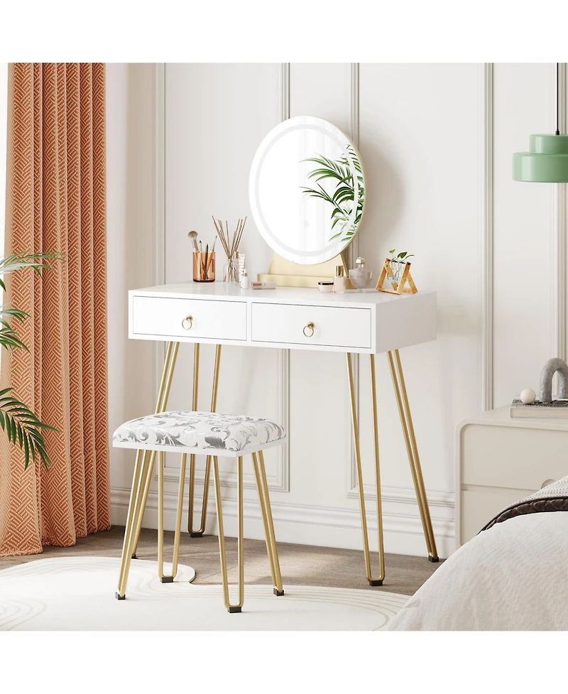 homfan Vanity Desk Set with Lighted Mirror, Soft Cushioned Stool, 3 Lighting Modes Dressing Table, 2 Drawers for Bedroom