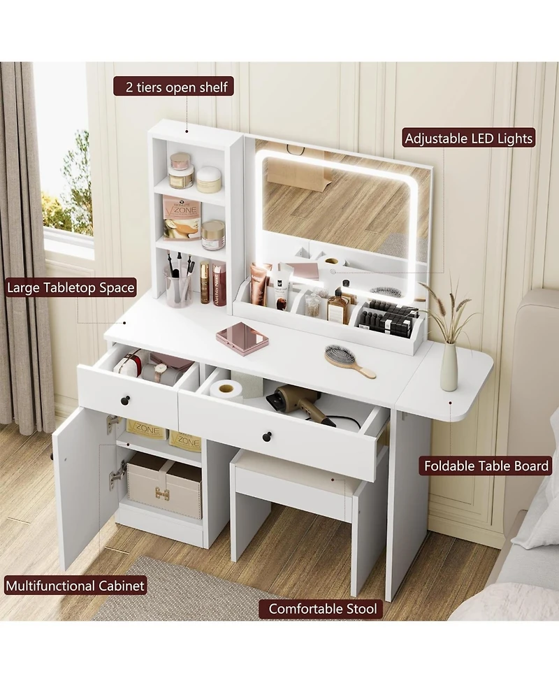 homfan Elegant Makeup Vanity Set with Led Mirror, Power Outlet, Drawers, Cabinet, Shelves and Stool, Dressing with Ample Storage for Dorm Home