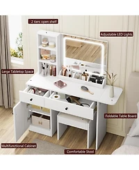 homfan Elegant Makeup Vanity Set with Led Mirror, Power Outlet, Drawers, Cabinet, Shelves and Stool, Dressing with Ample Storage for Dorm Home