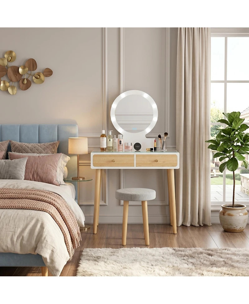 homfan Makeup Vanity Desk, White Vanity Table and Cushioned Stool Set with 3 Colors Adjustable Led Mirror, Dressing Table with 2 Large Drawers