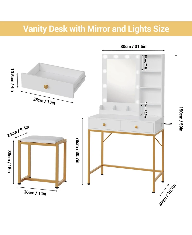 homfan Modern Vanity Desk with Led Mirror and Charging Station, 2 Large Drawers, 3 Adjustable Lighting Modes, Open Shelves, Chair, Bedroom