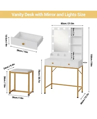 homfan Modern Vanity Desk with Led Mirror and Charging Station, 2 Large Drawers, 3 Adjustable Lighting Modes, Open Shelves, Chair, Bedroom