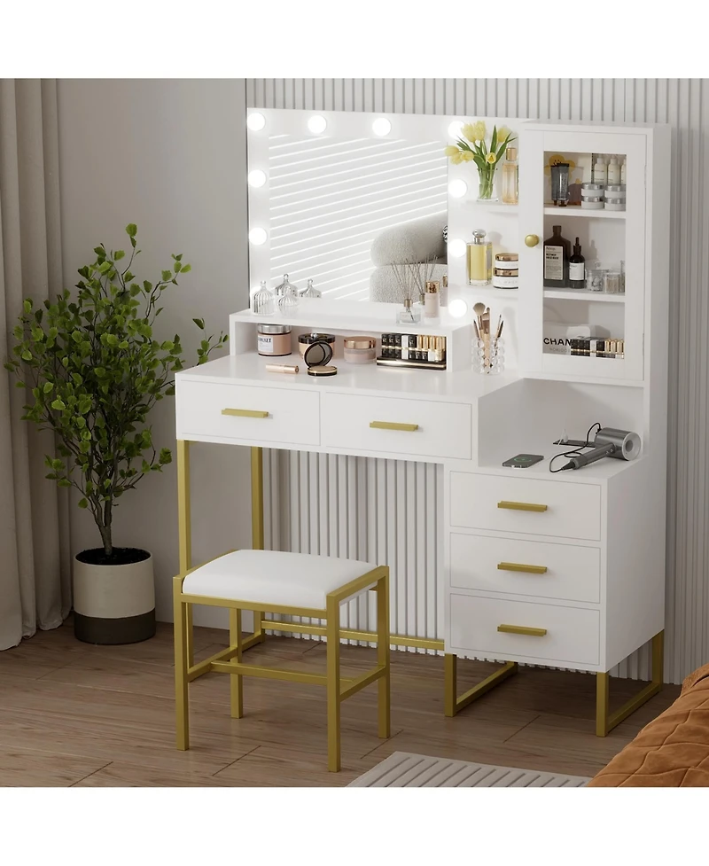 homfan Vanity with Led Mirror, 53.5" Makeup Set, 5 Drawers and Shelves, Charging Station and Stool Included, Modern Dressing Table with Storage