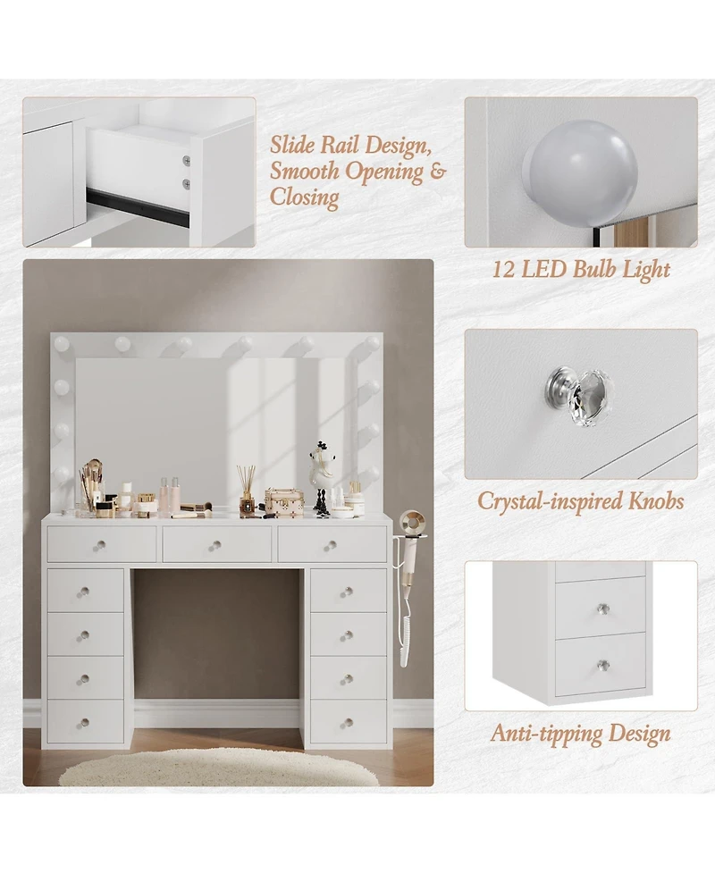 homfan Large Vanity Table with Light Bulbs, Glass Top Makeup Vanity Desk with 11 Storage Drawers Large Makeup Mirror, Power Outlet, Vanity for Bedroom