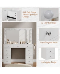 homfan Large Vanity Table with Light Bulbs, Glass Top Makeup Vanity Desk with 11 Storage Drawers Large Makeup Mirror, Power Outlet, Vanity for Bedroom