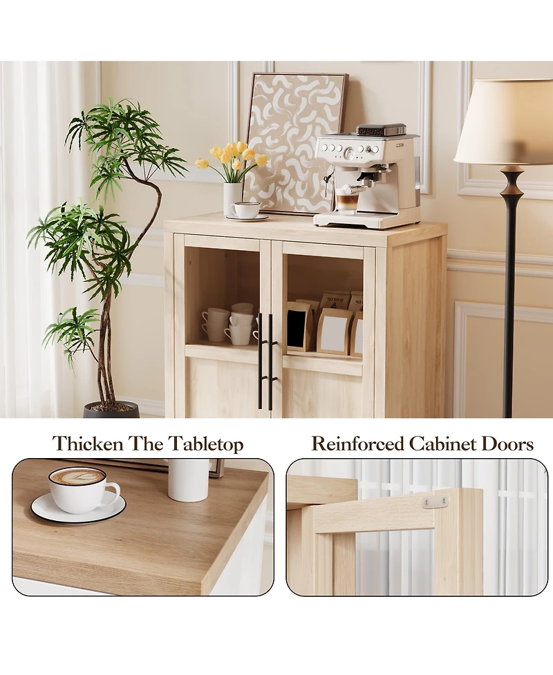 homfan Farmhouse Glass Door Sideboard Cabinet, Heavy Duty Engineered Wood Storage Buffet for Dining Room Living