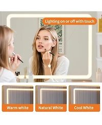 homfan 31.5-Inch-Wide Vanity with Chair, Womens Stool, Led Mirror, Hairdryer Holder, Power Outlet, 3 Lighting Color Adjustable