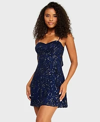 B Darlin Juniors' Sweetheart Neck Chiffon Back Tie Pattern Sequin Dress