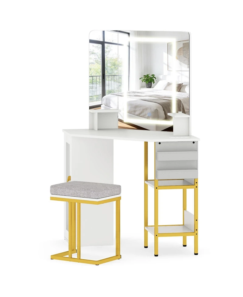 Slickblue Corner Dressing Table with Mirror and Led Lights for Makeup