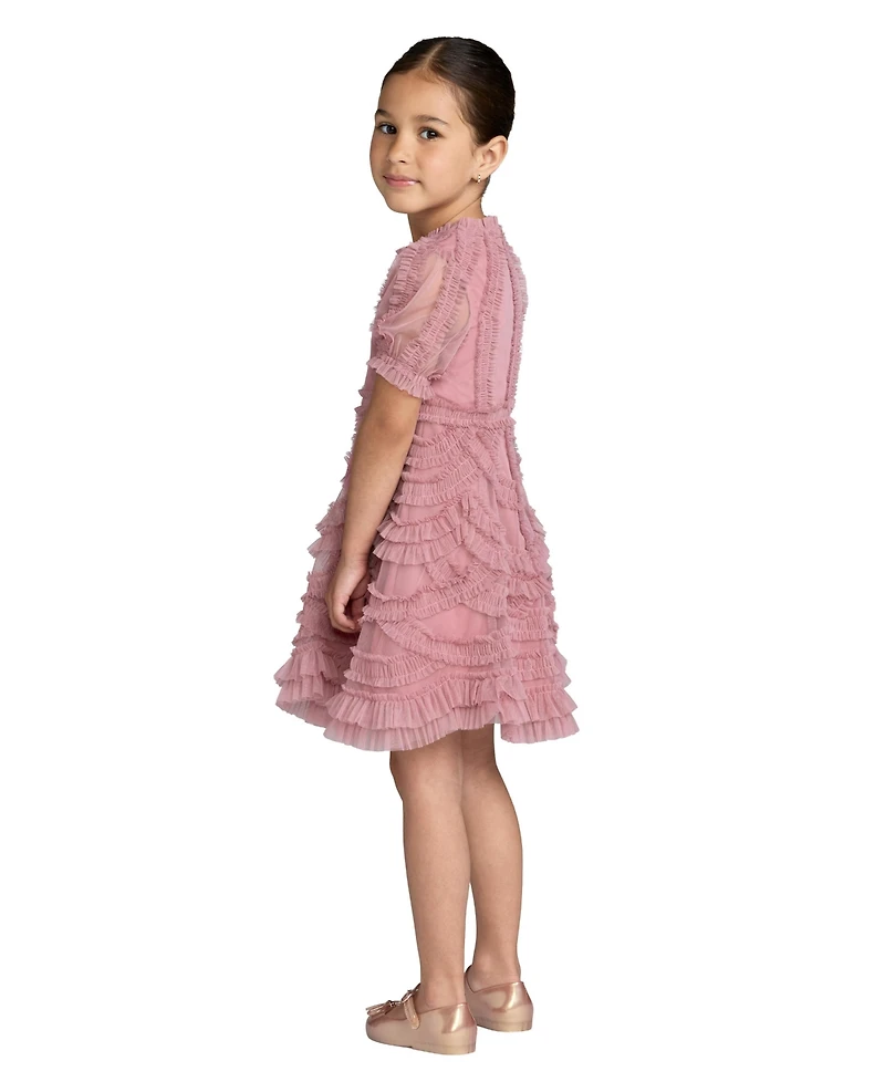 Mac Duggal Big Girls High Neck Puff Sleeve Ruffle Mini Dress