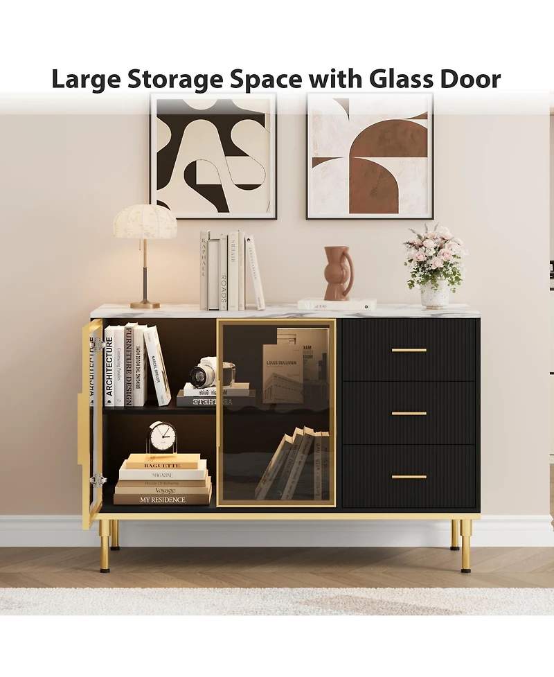homfan Glass Door Side Cabinet with Wave Drawers and Marble Finish, Accent Buffet for Dining Room Living