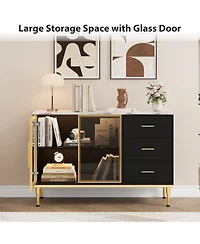 homfan Glass Door Side Cabinet with Wave Drawers and Marble Finish, Accent Buffet for Dining Room Living