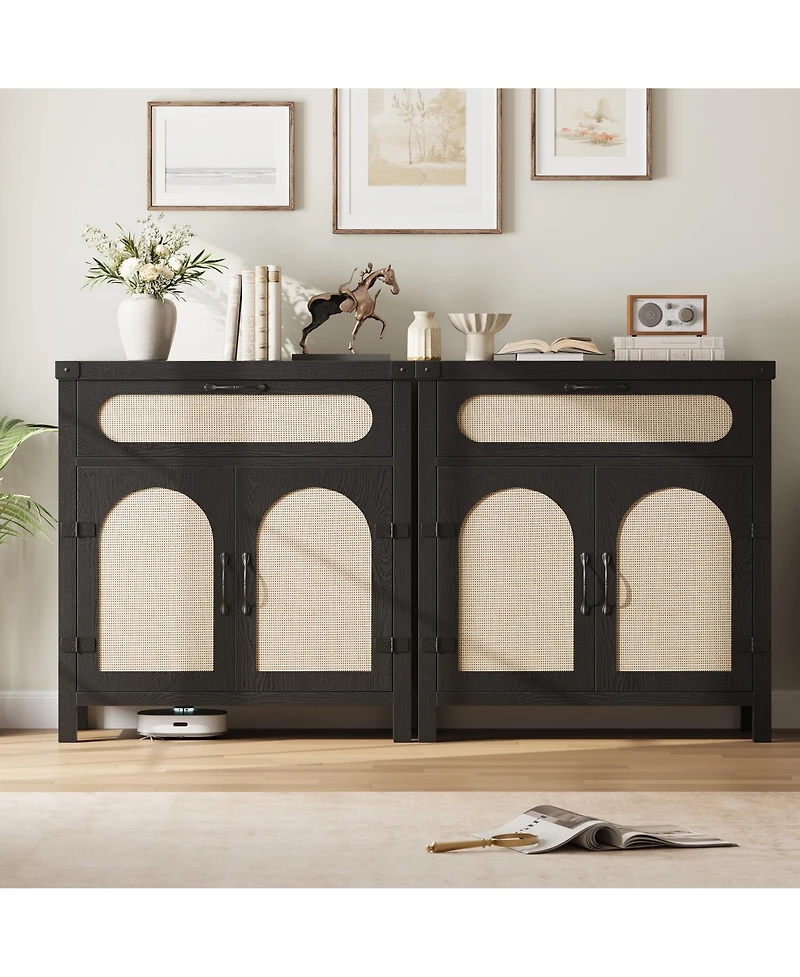 homfan Farmhouse Rattan Cabinet with Drawer, Adjustable Shelves, Synthetic Accent Doors, Versatile Sideboard Buffet Storage