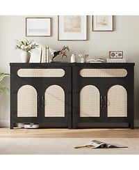 homfan Farmhouse Rattan Cabinet with Drawer, Adjustable Shelves, Synthetic Accent Doors, Versatile Sideboard Buffet Storage