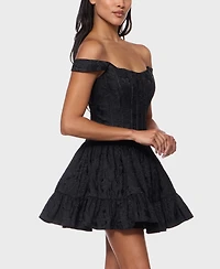 Alex & Sophia Juniors' Off-The-Shoulder Corset Bodice Jacquard Dress
