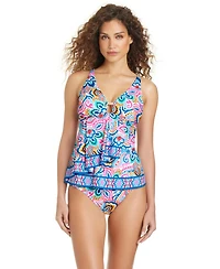 Beyond Control Women's Artistic Paisley Front Cascade Adjustable Straps Tankini Top