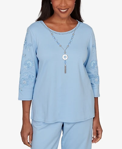 Alfred Dunner Women's Embroidered Floral Sleeve Accent Top
