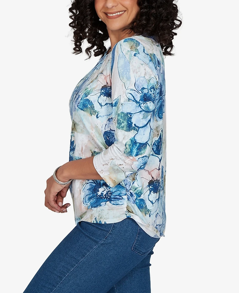 Alfred Dunner Women's Etched Florals Ruched Sides CrewneckTop