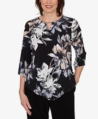 Alfred Dunner Women's Watercolor Floral Puff Printed Top